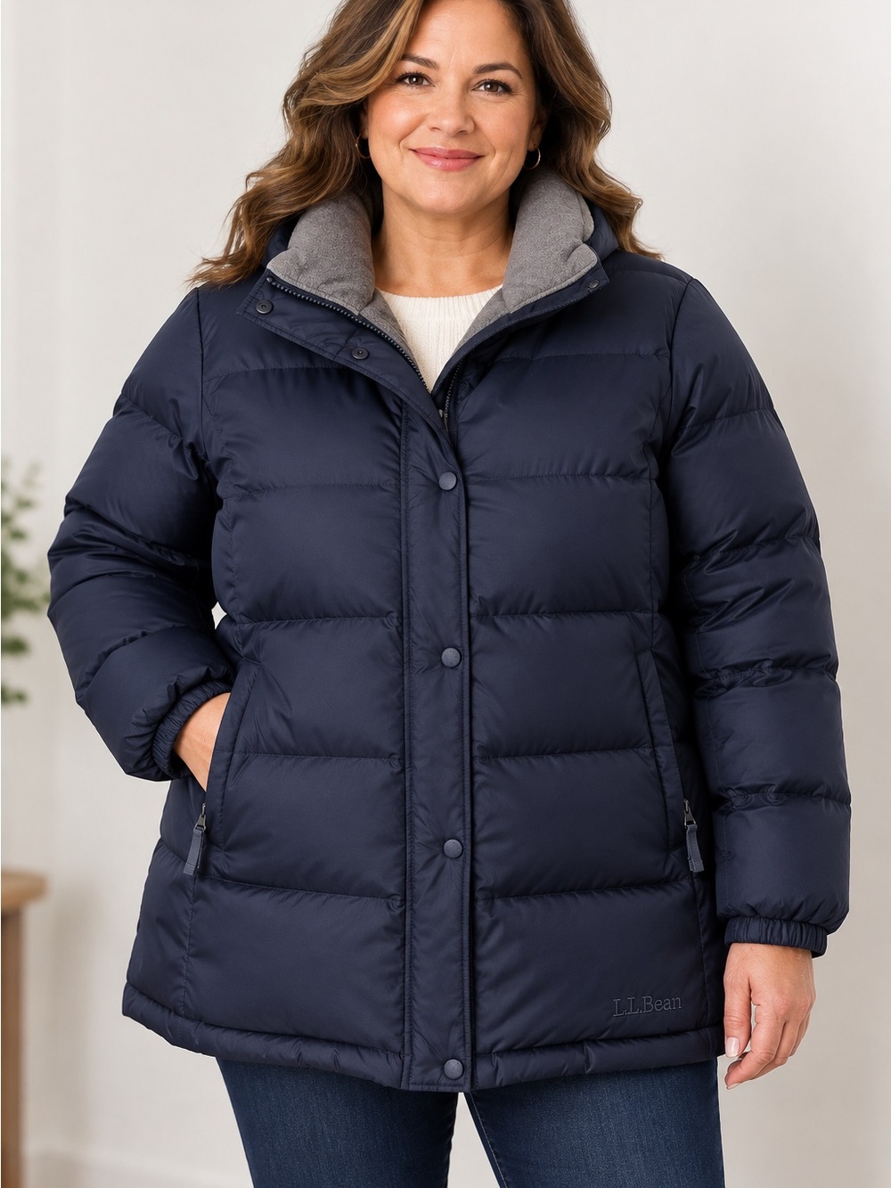 L.L.Bean Navy Goose Down Puffer Jacket Plus 1X Fleece Lined (No Hood) EUC